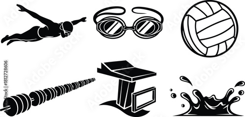 Swimming goggles volleyball ball diving splash and gas station vector icons set
