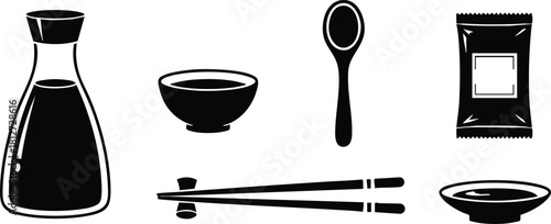 Soy sauce bottle bowl spoon chopsticks packet set vector illustration black and white