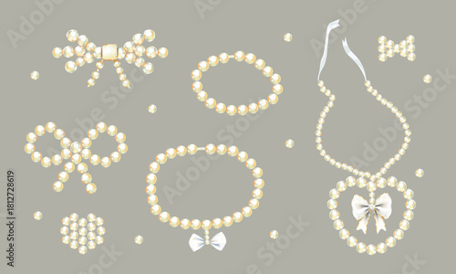 Watercolor set of pearl jewelry: bows, bracelets, heart-shaped necklace, made entirely of pearls, soft golden tones, delicate shine, feminine coquette style, isolated on neutral background, vector 
