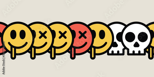 A row of dripping smiley faces and skull icons in yellow red and white on a light beige background