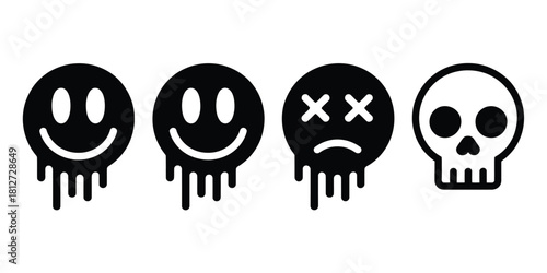 Black and white vector illustration of dripping smiley faces and a skull on a white background