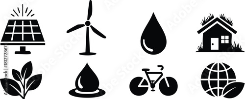 Renewable energy and eco friendly sustainability icons vector set with solar panel wind turbine water drop bike and earth leaf