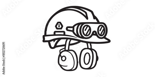 Helmet with glasses and earmuffs line icon, workwear concept. Vector graphics. Helmet for head, safety sign on white background, style icon mobile or web design
