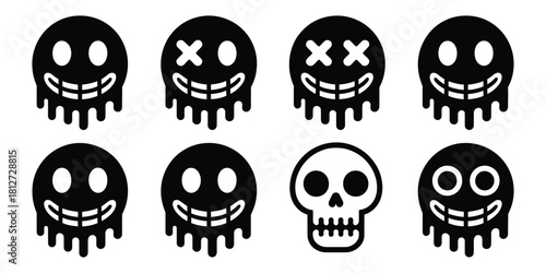 Eight black and white icons featuring dripping smiley faces and a skull on a white background