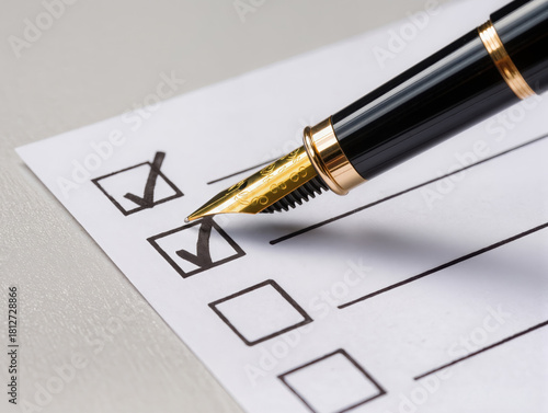 A gold-tipped, stylish black fountain pen that checks off a checklist. The concept of completion and task.