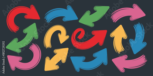 A collection of colorful hand drawn arrows pointing in various directions on a dark gray background