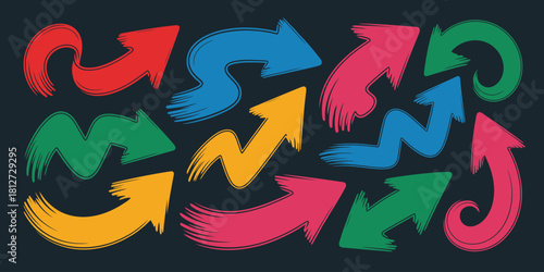 A collection of colorful hand drawn arrows pointing in different directions on a dark background