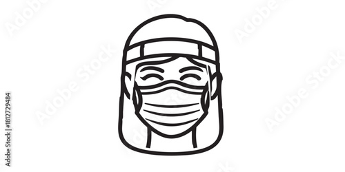 Woman head with antibacterial mask line icon, safety workwear concept. Vector graphics. Girl face with disposable mask sign on white background, style icon mobile or web design