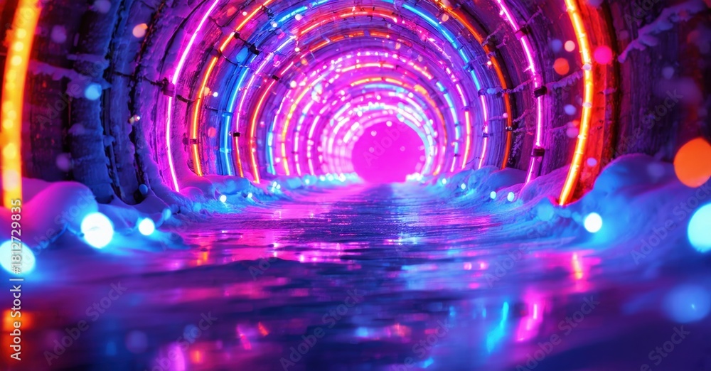 Fototapeta premium Bright tunnel glows with vibrant neon lights. Wet surface reflects colorful illumination, creating immersive experience. Dark surrounds light.