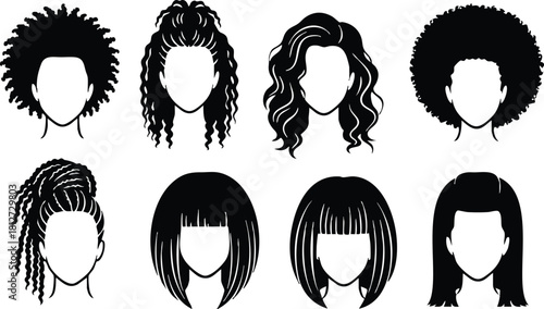 Female afro hairstyles collection black silhouette vector illustration diverse natural hair styles