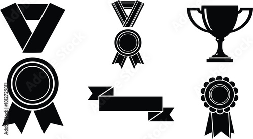 Award medal trophy ribbon banner icon set vector illustration flat design black silhouette