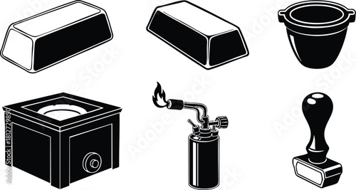 Vintage black and white stamp ink pad lighter and container vector illustration set