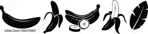 Black silhouette banana fruit peeled half peeled leaf vector illustration