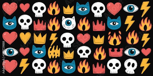 A pattern of hearts, skulls, crowns, cat eyes, flames, and lightning bolts on a black background