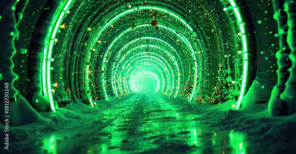 Fototapeta premium Glowing tunnel extends forward. Bright green light illuminates path, creating futuristic impression. Dark surroundings emphasize luminosity.