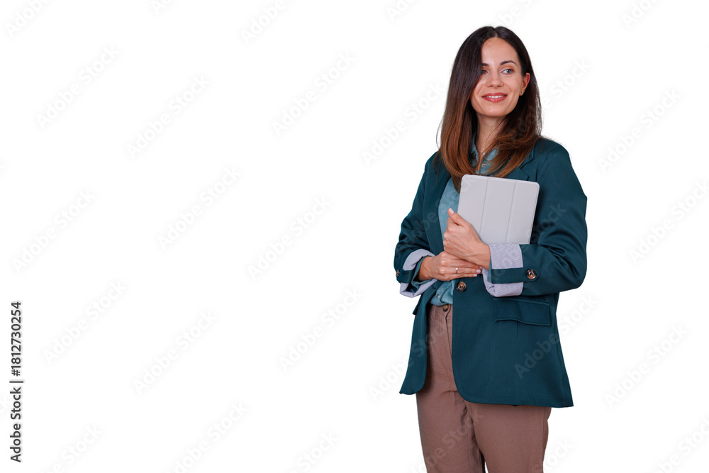 Fototapeta premium Professional businesswoman holding tablet computer, smiling portrait, transparent background
