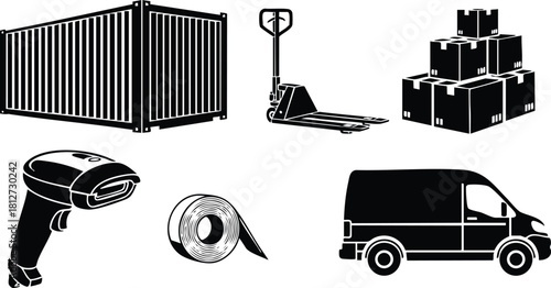 Shipping container pallet jack boxes scanner tape delivery van logistics vector illustration