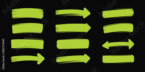 A collection of twelve green brush stroke shapes and arrows on a stark black background illustration