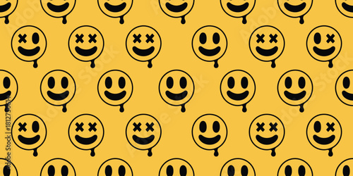 Seamless pattern of yellow background with black emoji icons featuring melting and x eyed smiley faces