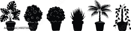 Silhouette potted indoor plants collection vector illustration houseplant design elements black shapes