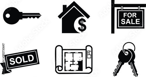 Real estate icons key house blueprint sold for sale sign vector illustration