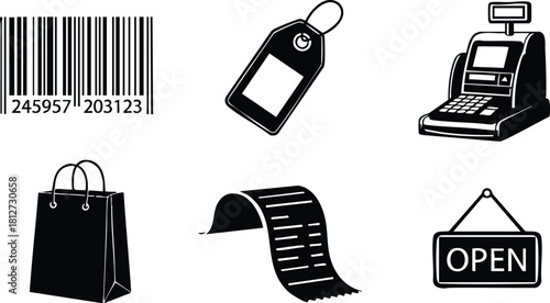 Retail shopping icons barcode price tag cash register shopping bag receipt open sign vector illustration