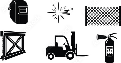 Industrial safety equipment welding mask forklift fire extinguisher fence and barrier vector illustration