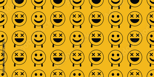 A repeating pattern of black emoji faces with x eyes and smiling faces on a yellow background design