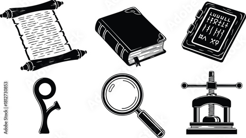 Vintage old book scroll magnifying glass key press engraving vector illustration