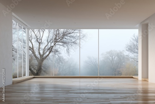 Modern Room With Large Windows Overlooking Foggy Trees in a Serene Setting