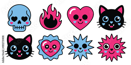 Collection of cute cartoon illustrations featuring skull, fire, hearts, cats, and star shapes