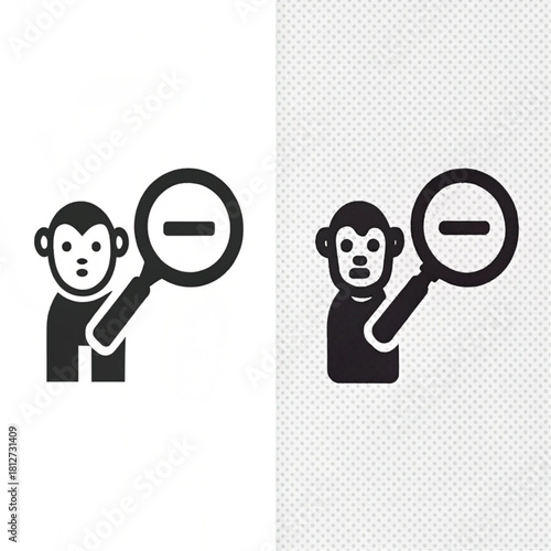 Simple black pictogram of a monkey character holding a large magnifying glass with a zoom out minus symbol.