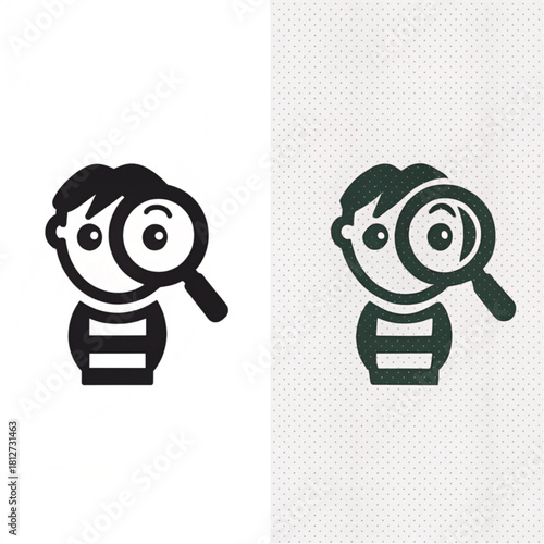Simple graphic icon of a curious boy in a striped shirt looking through a magnifying glass.