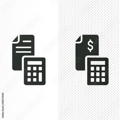 Minimalist financial glyph icons showing a calculator next to a document, one with a dollar sign symbol.