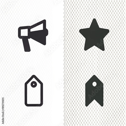 A set of four simple black icons for marketing and e-commerce, including a megaphone, star, and two price tags in outline and solid styles.