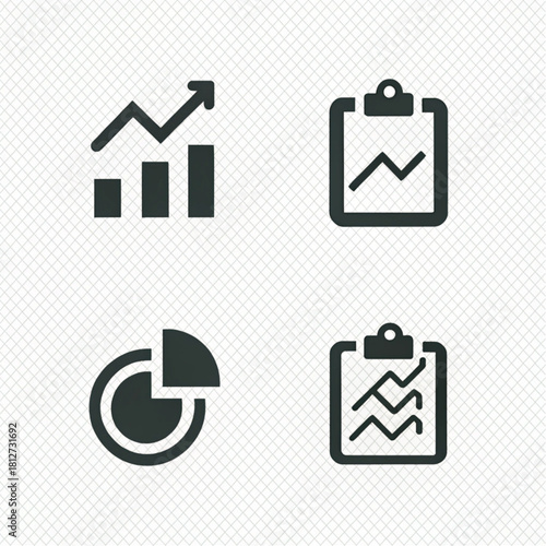 A set of four flat monochrome business icons for data analytics, reports, and financial growth charts.