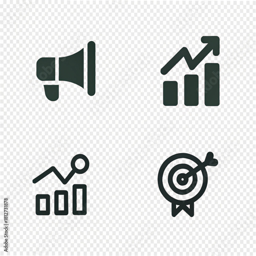 A set of four dark gray business icons representing marketing, growth, data analytics, and goal achievement.