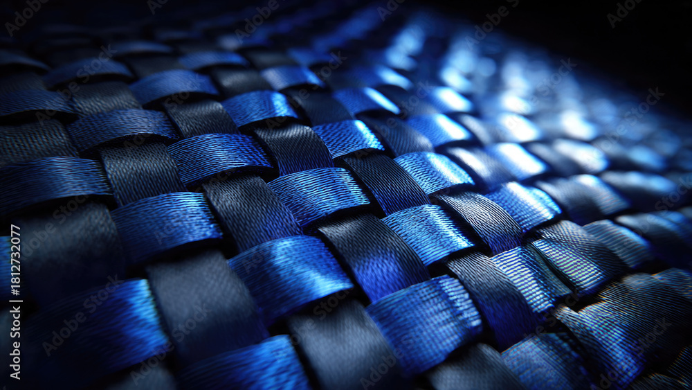 Obraz premium A close-up shot of dark and vibrant blue woven straps, creating an intricate texture and abstract pattern with shimmering light reflections.