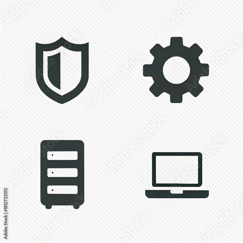 A set of four dark grey flat glyph icons representing technology, security, settings, and computing.