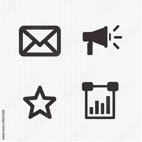 Set of four dark grey business and communication icons: envelope, megaphone, star, and bar chart, in a simple flat style.