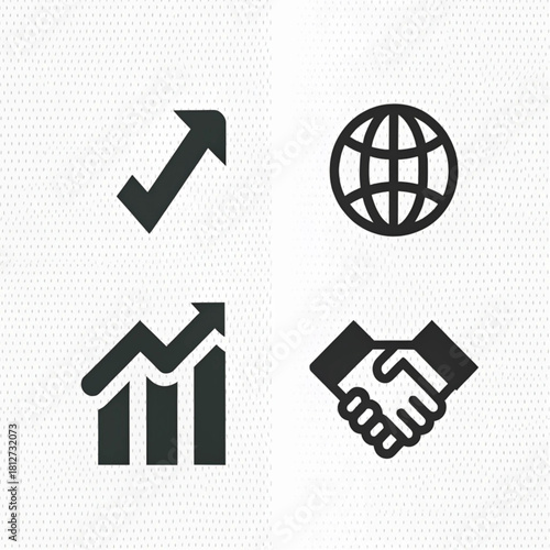 A set of four dark gray business icons representing global partnership, financial growth, and success.