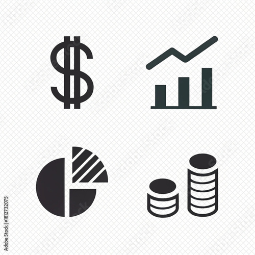 A set of four flat monochrome business and finance icons: dollar sign, growth chart, pie chart, and stacked coins.