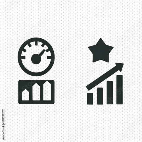 Performance and growth icon set with speedometer, data bars, upward arrow, and success star symbol.