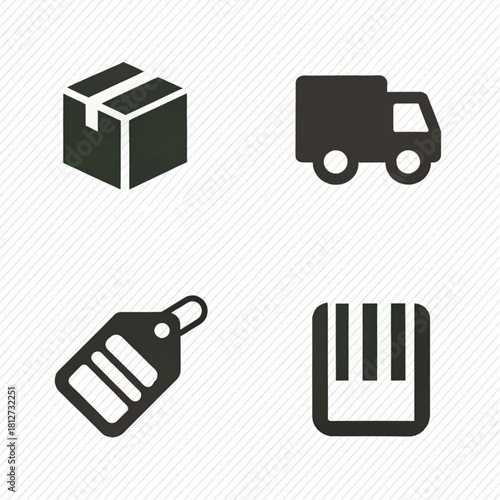 A set of four flat, dark grey icons for shipping, logistics, and retail, featuring a box, delivery truck, price tag, and barcode.