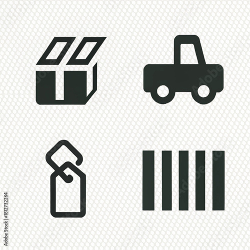 A set of four dark grey flat icons representing e-commerce, logistics, and shipping: box, truck, tag, and barcode.