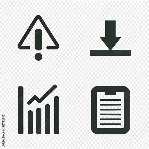 Set of four dark grey flat business icons: warning, download, analytics graph, and clipboard document.
