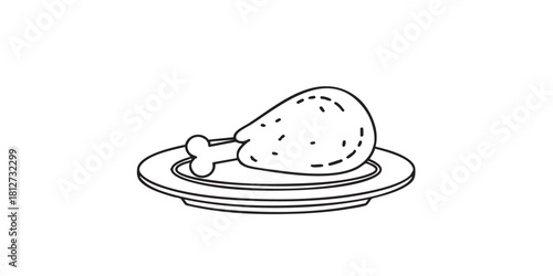 Plate with fried chicken leg line icon, cooking concept. Vector graphics. Poultry food sign on white background, style icon mobile or web design.

