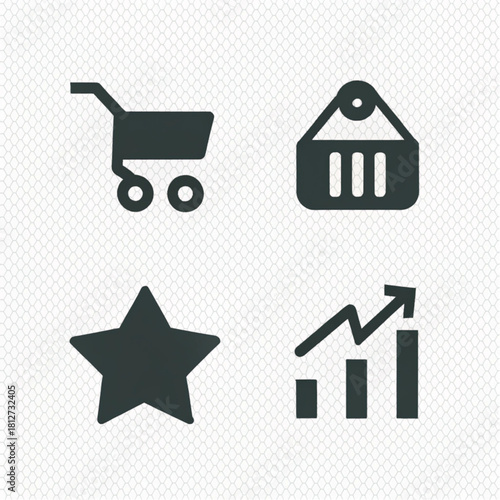 Dark gray vector icon set for e-commerce: shopping cart, basket, star, and growth chart.