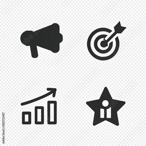 Set of four black solid glyph icons for business and marketing: megaphone, target, growth chart, and star.
