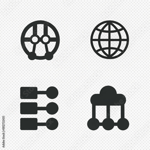 A collection of four flat, solid black icons representing global network, internet, data structure, and cloud technology.